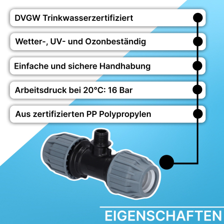 Preview: Grafik, die fünf Haupteigenschaften einer PP-Klemmkupplung zeigt. Aufgelistet sind: DVGW-Trinkwasserzertifizierung, Wetter-, UV- und Ozonbeständigkeit, einfache und sichere Handhabung, ein Arbeitsdruck von 16 bar bei 20 °C sowie die Herstellung aus zertif